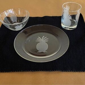 ARC France Etched Glass with Pineapples 12-Pc Dinner Set Plates, Bowls, Tumblers